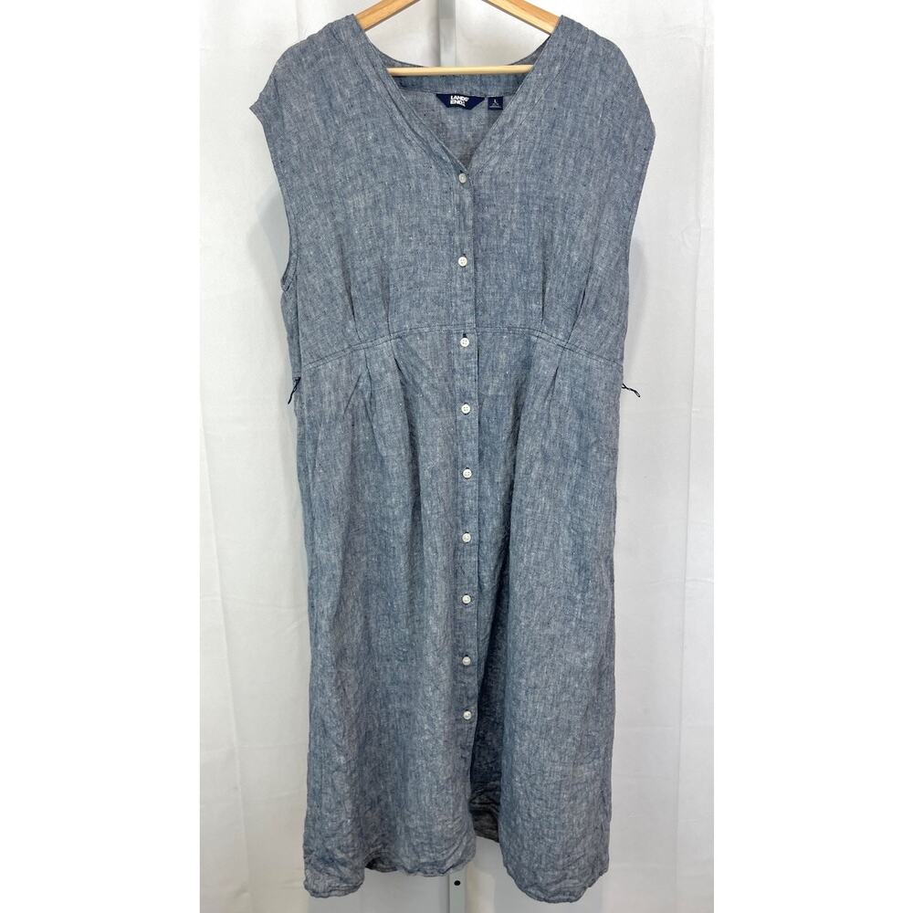 LANDS' END Linen Button Up Midi Dress Cap Sleeve Pleat Waist Blue Size 14 16 L